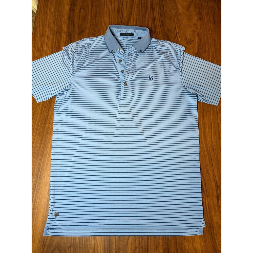 Greyson Clothiers Mens Blue Striped Performance Golf Polo Shirt Size M Logo